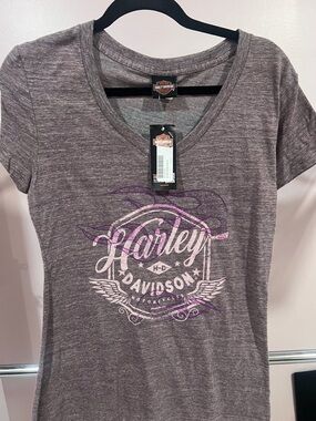 Harley-Davidson Women's Heather Gray V-Neck Tee with Pink & Purple Logo